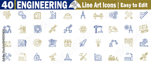 Engineering line art icons set. Covering mechanical, civil, electrical, aerospace, and software engineering concepts, vector illustration.