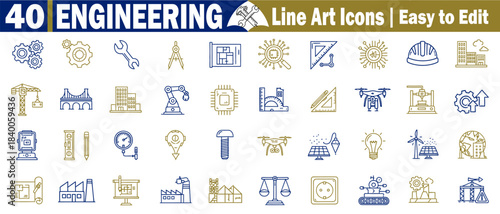 40 engineering line art icons. Easy to edit includes blueprint tools, construction, smart city, drone, solar energy factory, production development, and innovation vector illustration.
