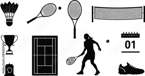 Black and white illustration of badminton and tennis equipment and players