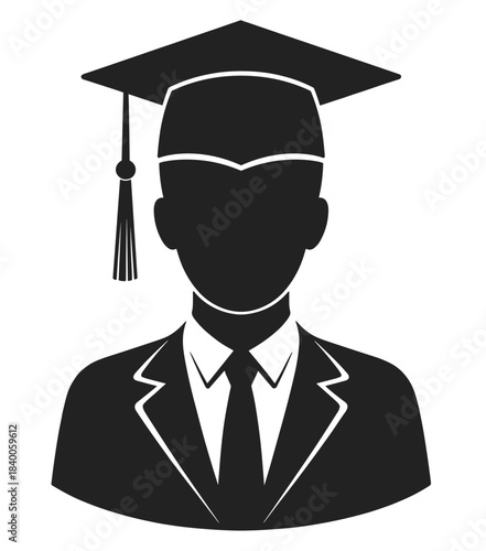 Graduate student silhouette wearing academic cap and gown representing education achievement, university success, and scholarly ceremony in clean flat vector illustration