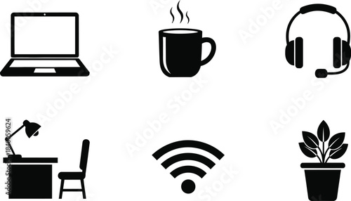 Modern workspace essentials including laptop coffee headphones and desk accessories