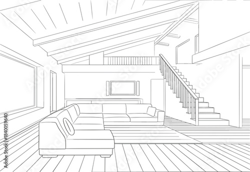 Interior view line art of a modern living room with a sectional sofa, staircase, and beamed ceiling, home architecture outline vector