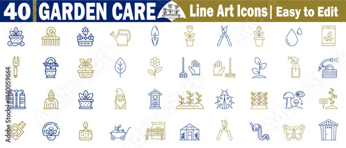 40 garden care line art icons. Easy to edit for horticulture gardening equipment, plant cultivation, pest control, and landscape design vector illustration.