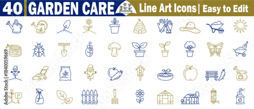 40 garden care line art icons. Easy to edit for gardening tools, accessories, plant cultivation, outdoor leisure nature elements. 