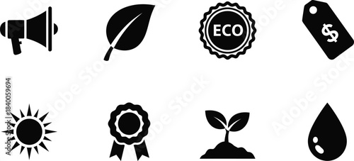 Set of black eco friendly icons representing sustainability and environmental awareness