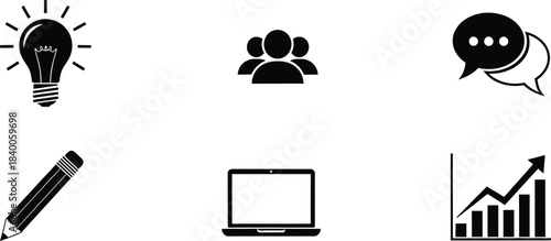 Black and white icons representing business ideas creativity and technology