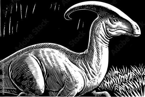 black and white sketch of a parasaurolophus highlighting its curved head crest and smooth herbivorous form