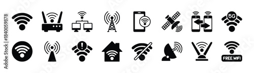 Collection of Wireless Technology and Network Icons Keywords: wifi, wireless, internet, network, connection, signal, 5g, router, satellite, antenna, modem, technology, communication, data