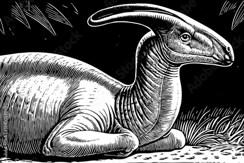 black and white sketch of a parasaurolophus highlighting its curved head crest and smooth herbivorous form