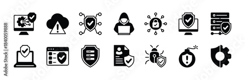Cybersecurity and Data Protection Icons with Shields and Locks Keywords: cybersecurity, security, protection, data, network, shield, lock, hacker, virus, bomb, warning, checkmark, cloud