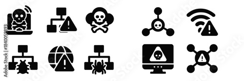 Cyber Security Threat Icons with Skull and Bug Symbols