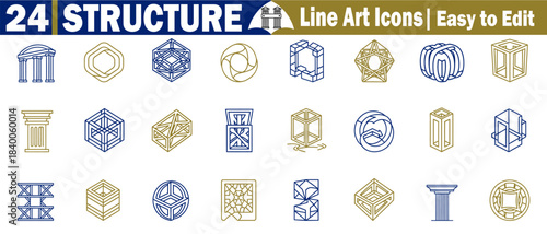 Structure line art icons. Easy to edit geometric shapes and abstract constructions, architectural elements, and building components, minimalist design elements. 