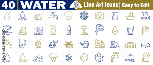Water line art icons. Easy to edit fluid elements and marine life, nature, and weather symbols, hydration, and aquatic concepts vector illustration.