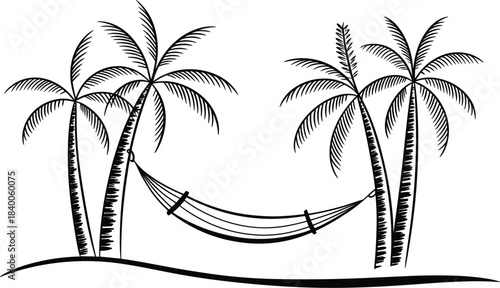 Hammock tied between tropical palm trees on a beach, black and white outline summer vacation coloring page vector illustration