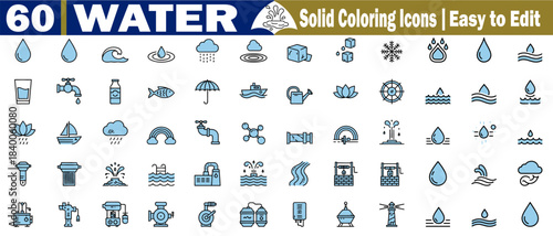 60 water solid coloring icons. Easy to edit set showcases essential elements like droplets, faucets, and aquatic activities with a blue tint vector illustration.