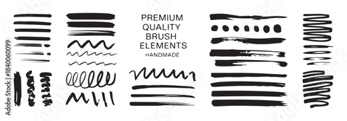 Premium quality brush elements handmade black lines and shapes isolated on white background