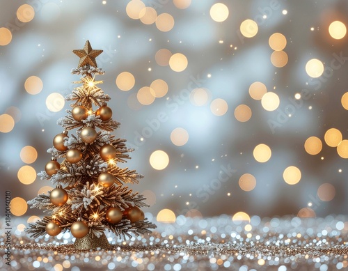 Świąteczne, biało-złote zimowe tło z choinką udekorowaną bombkami i złotą gwiazdą