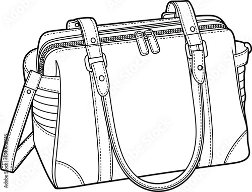 Handbag design, fashion accessory, vector sketch, technical illustration, zipper compartments, stylish handles, side straps, flat vector illustration