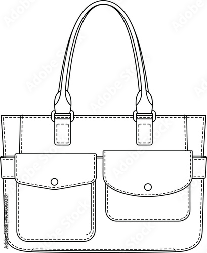Handbag sketch, fashion accessory, flap pockets, button closure, stitched tabs, vector drawing, product design, flat vector illustration