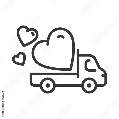 truck with heart icon, love car, delivery hearts, thin line vector illustration eps 10