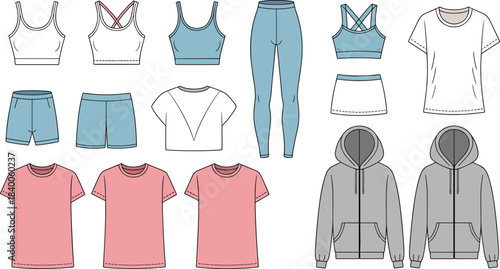 Grid of casual and athletic women’s clothing including tops, sports bras, shorts, leggings, hoodies, flat vector illustration