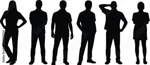WebGroup of diverse standing people silhouettes posing in various positions, teamwork concept, crowd illustration for business and creative projects – flat vector illustration