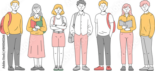 Group of diverse cartoon students with backpacks and books, casual clothing, education theme, flat vector illustration