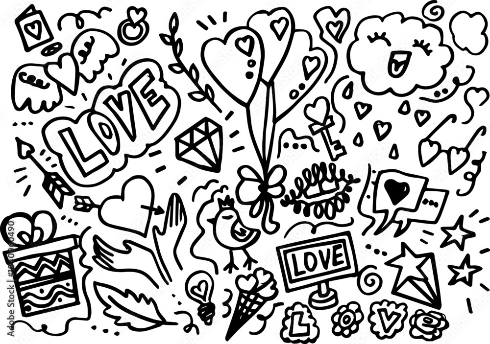Obraz premium A joyful black-and-white doodle bursting with love symbols — hearts, balloons, gifts, and “LOVE” letters. Playful, sweet, and full of charm, this hand-drawn design celebrates romance, joy, and affecti