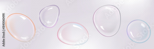 Realistic glass soap ball set with vibrant rainbow gradient and holographic sheen. Transparent 3D liquid bubble sphere with iridescent light refraction, colorful overlay and fluid water texture.