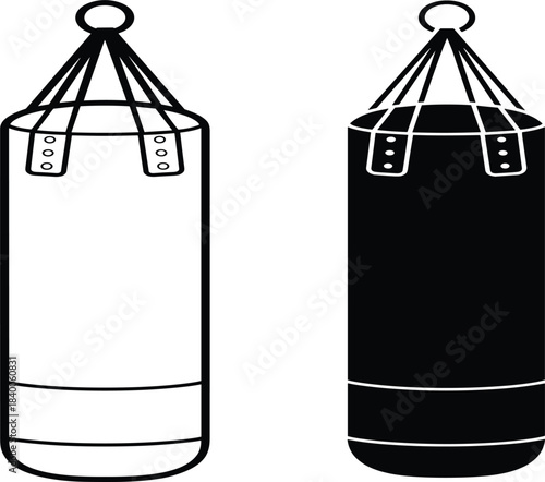 Set of hanging boxing or heavy punching bag icons in black outline and solid silhouette, combat sport fitness equipment vector illustration