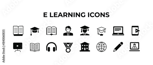 E-Learning Icons Set – Online Education, Study, Graduation, Course, Learning Symbols