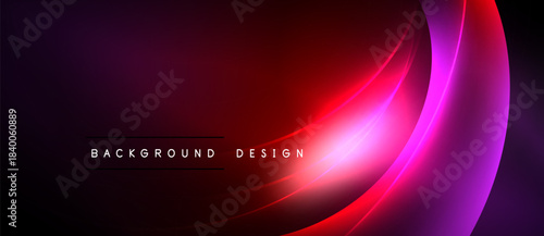 Abstract background features vibrant curves, gradients. Red, purple, pink hues dominate dark space. Modern design element.