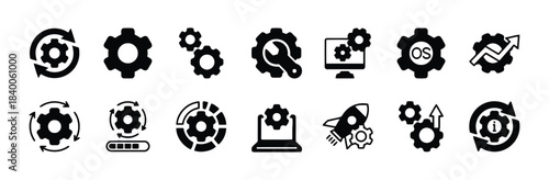 Gears and Progress Icons for Settings and Development Keywords: gears, settings, development, progress, cycle, computer, monitor, laptop, rocket, loading, OS, operating system, icon