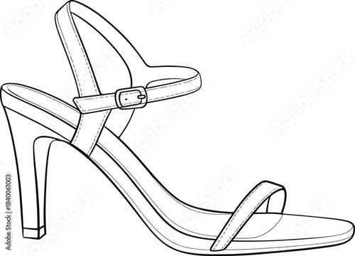 High-heeled sandal line drawing, stiletto heel fashion icon with buckle strap, open toe design, flat vector illustration