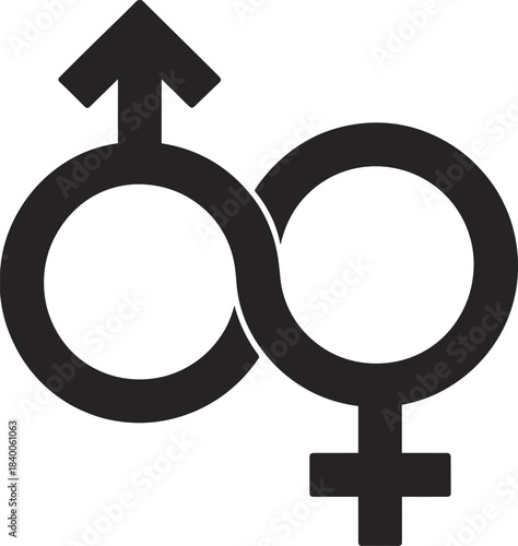 Interlinked male and female gender symbol representing sex, identity, equality, connection, and relationship concepts for educational and design use – flat vector illustration