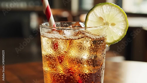 Refreshing Iced Cola Drink with Lime and Straw on a Wooden Table.