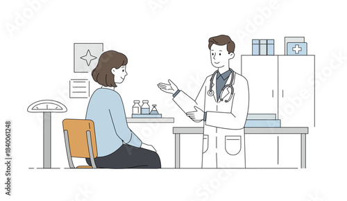 Flat illustration showing a male physician in a white coat explaining results to a female patient. Scene of professional healthcare appointment, consultation, checkup in a calm, modern clinic setting