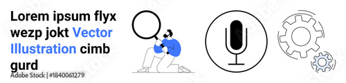 Search tools, technology, audio recording, process automation, task management, data analysis. Person holding a magnifying glass, microphone icon and gear symbols. Search tools and technology
