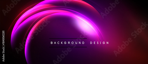 Abstract purple neon glow. Curved lines create dynamic visual effect. Dark background emphasizes bright illumination. Modern design element.