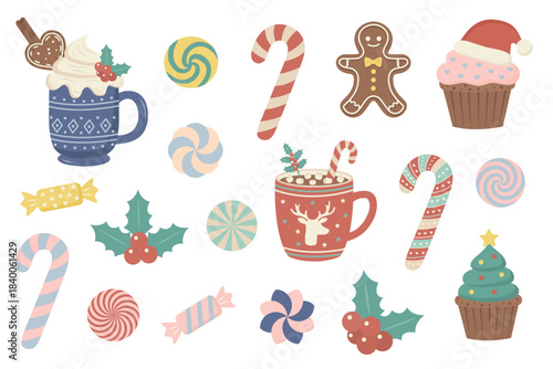 Vector set of festive Christmas sweets and drinks: cocoa mugs, candy canes, gingerbread man, holly, and holiday cupcakes