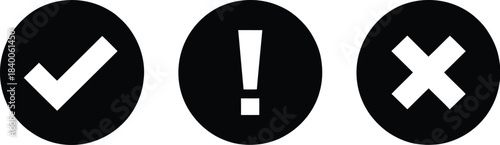 Three status buttons showing checkmark, exclamation and X symbols for success, warning and error notifications in user interfaces.