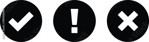Three status buttons showing checkmark, exclamation and X symbols for success, warning and error notifications in user interfaces.