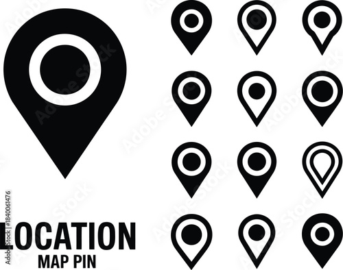 Large primary map marker with fourteen smaller variations showing different angles, proportions and geometric styles for navigation interfaces and apps.