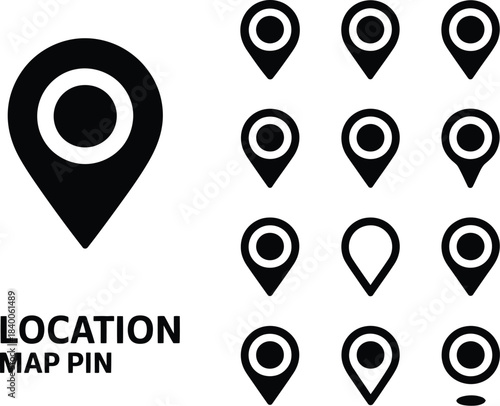 Large primary map marker with fourteen smaller variations showing different angles, proportions and geometric styles for navigation interfaces and apps.