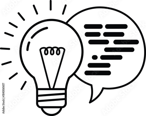 Light bulb with speech bubble symbolizing ideas, creativity, communication, brainstorming, innovation and inspiration in clean minimal line art style, flat vector illustration