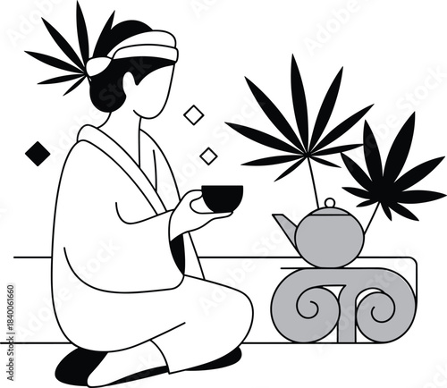 Japanese tea ceremony with cannabis leaves, traditional attire, teapot platform, cultural fusion concept, flat vector illustration