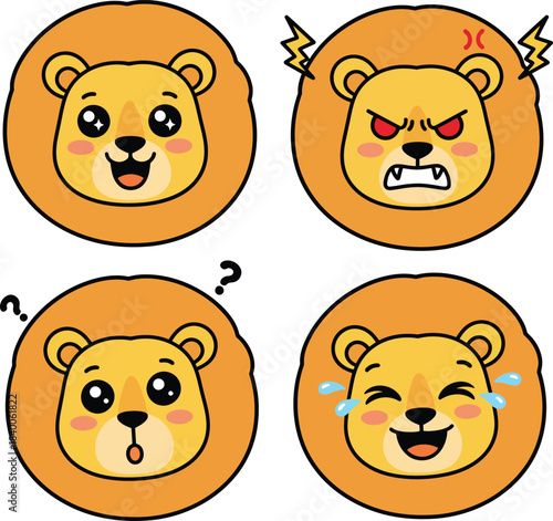Four cartoon lion faces showing different emotions like happy, angry, confused, and crying, isolated on a white background.