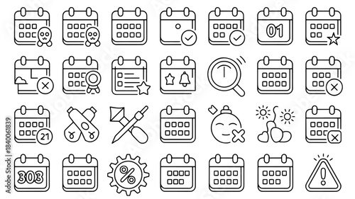 vector line icons related to time, date, scheduling, planning, events, and reminders.
