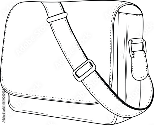 Messenger bag line drawing with flap and buckle, fashion accessory outline, shoulder strap detail, flat vector illustration, black sketch