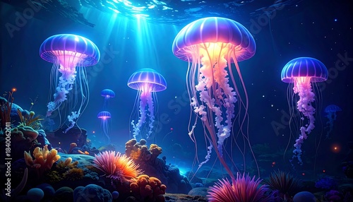 Fototapeta Naklejka Na Ścianę i Meble -  Luminescent jellyfish pulsate amidst vibrant coral reef illuminated by sunbeams in deep blue ocean water